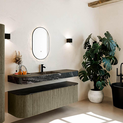 MONDIAZ THOR-DLUX 160cm meuble de salle de bains arrondi gauche + droite couleur Shadow avec 1 tiroir et 2 portes. Vasque suspendue CLOUD Milieu 1 trou de robinet couleur Lava.