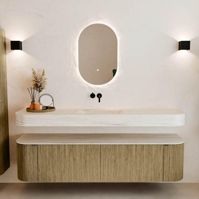 MONDIAZ THOR-DLUX 180cm meuble de salle de bains arrondi gauche + droite couleur Dusk avec 2 tiroirs et 2 portes. Vasque suspendue CLOUD Milieu sans trou de robinet couleur Meli.