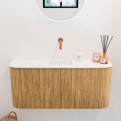 Mondiaz JOYA 93.2cm toiletmeubel - ronding links en rechts kleur Oak - Wastafel FAYE positie Midden Zonder kraangat kleur Talc.