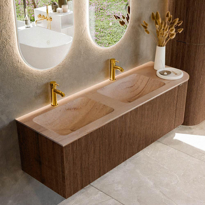 MONDIAZ KURVE-DLUX 145cm badmeubel ronding Rechts kleur Walnut met 1 lade en 1 deur. Wastafel LEAF Dubbel / Links 2 kraangaten Saba.