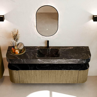 MONDIAZ THOR-DLUX 180cm meuble de salle de bains arrondi gauche + droite couleur Dusk avec 2 tiroirs et 2 portes. Vasque suspendue CLOUD Milieu 1 trou de robinet couleur Lava.