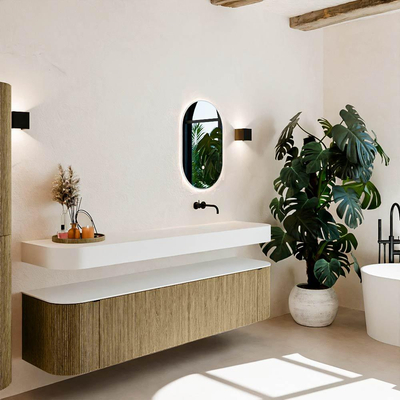 MONDIAZ THOR Meuble de salle de bains 190cm arrondi gauche + droite couleur Dusk avec 2 tiroirs et 2 portes. Vasque suspendue CLOUD Droite sans trou de robinet couleur Talc.