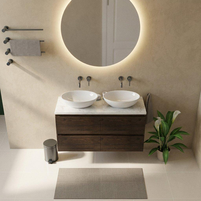 Saniclass Holz Pure Ensemble de meubles de salle de bains - 120x45x63cm - Plan vasque en marbre Dia poli (blanc) - sans trou de robinetterie - 4 tiroirs - chêne charcoal mat (bois)