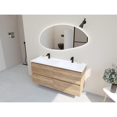 HR Infinity XXL ensemble de meubles de salle de bain 3d 140 cm 2 vasques en céramique gala blanc 2 trous de robinet 4 tiroirs chêne français