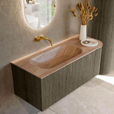 MONDIAZ KURVE-DLUX Meuble de salle de bains 115cm arrondi Droite couleur Shadow avec 1 tiroir et 1 porte. Lavabo BIG SMALL Gauche sans trou de robinet Saba.