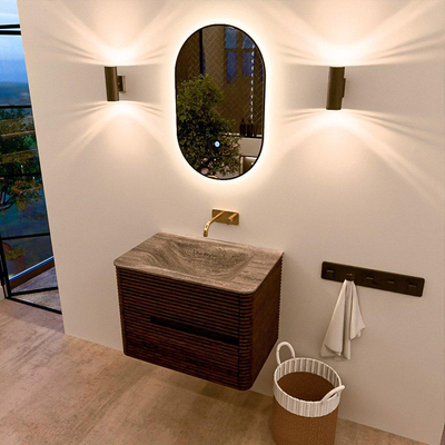 Mondiaz CIRO-DLUX Badkamermeubelset - 70x45x50cm - Solid surface wastafel Oza - 1 wasbak Midden - zonder kraangaten - 2 lades - Walnut