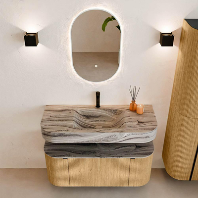 MONDIAZ THOR-DLUX Meuble de salle de bains 110cm arrondi gauche + droite couleur Oak avec 1 tiroir et 2 portes. Vasque suspendue CLOUD Milieu 1 trou de robinet couleur Sombra.