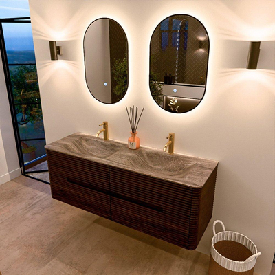 Mondiaz CIRO-DLUX Badkamermeubelset - 140x45x50cm - Solid surface wastafel Oza - 2 wasbak Dubbel - 2 kraangaten - 4 lades - Walnut