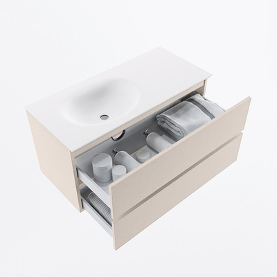 Mondiaz VICA Ensemble de meuble de salle de bain - 100cm - meuble sous-vasque lin - 2 tiroirs - lavabo lune gauche - 1 trou de robinet - version haute de 60cm - talc