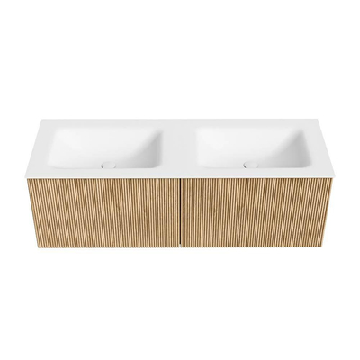MONDIAZ KURVE Meuble de salle de bains 130 cm couleur Oak avec 2 tiroirs. Lavabo CLOUD double 2 trous de robinet Talc.