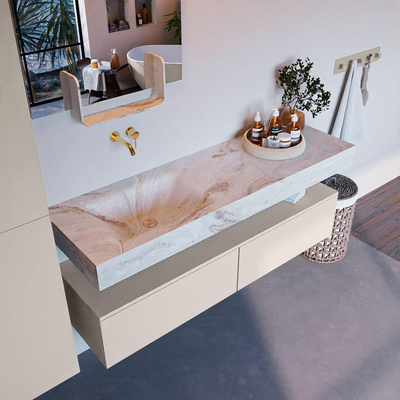 Mondiaz ALAN-DLUX Ensemble de meuble - 150cm - meuble Linen mat - 2 tiroirs - Lavabo Cloud Frappe suspendu - vasque Gauche - 0 trous de robinet