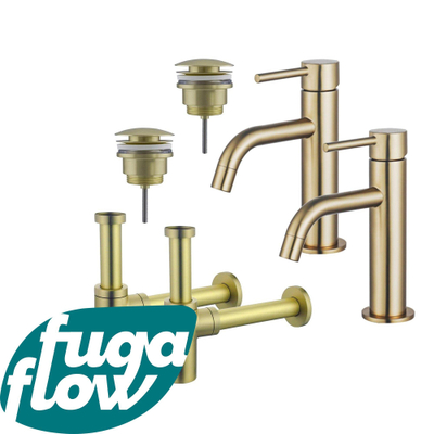 FugaFlow Eccelente Sobrado Slim Kit robinet lavabo - pour double vasque - robinet bas - bonde clic clac - siphon design - Laiton brossé PVD