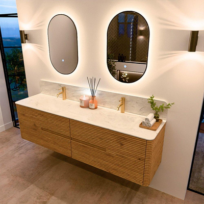 Mondiaz CIRO-DLUX Badkamermeubelset - 180x45x50cm - Solid surface wastafel Opalo - 2 wasbak Dubbel - 2 kraangaten - 4 lades - Oak