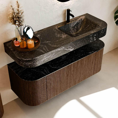 MONDIAZ THOR-DLUX 130cm meuble de salle de bains arrondi gauche + droite couleur Walnut avec 1 tiroir et 2 portes. Vasque suspendue CLOUD Droite 1 trou de robinet couleur Lava.