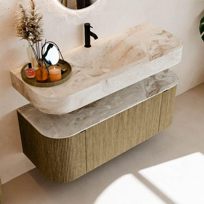 MONDIAZ THOR-DLUX 120cm meuble de salle de bains arrondi gauche + droite couleur Dusk avec 1 tiroir et 2 portes. Vasque suspendue CLOUD Milieu 1 trou de robinet couleur Frappe.