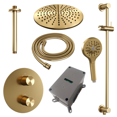 BRAUER Gold Edition thermostatische Inbouw Regendouche - 3-weg - rond - set 96 - 30cm hoofddouche - plafondarm - 3-standen handdouche - doucheslang - geïntegreerde glijstang - goud geborsteld PVD