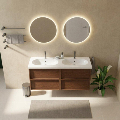 Saniclass Holz Frame Ensemble meuble de salle de bains - 140x45x63.5cm - lavabo en céramique Palermo blanc - 2 vasques - 2 trous de robinetterie - 4 tiroirs - walnut pure mat (bois)