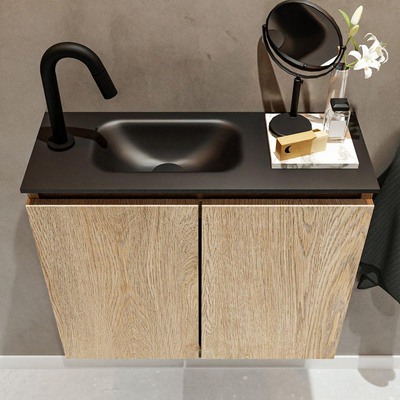 MONDIAZ TURE Fonteinset - 60x23x50cm - 1 kraangat - 2 deuren - washed oak mat - Wasbak links - Solid Surface Zwart