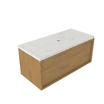 Saniclass Holz Frame Ensemble meuble de salle de bains - 100x45x43cm - Plan vasque en marbre Dia poli (blanc) - sans trou de robinet - 1 tiroir - chêne natural mat (bois)