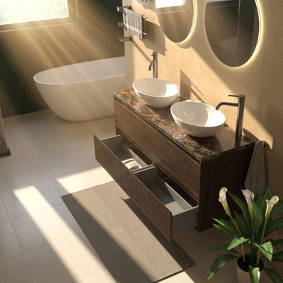 Saniclass Holz Pure Ensemble meuble de salle de bains - 140x45x63cm - Plan de travail en pierre naturelle Noche dark emperador - 2 trous de robinetterie - 4 tiroirs - chêne charcoal mat (bois)
