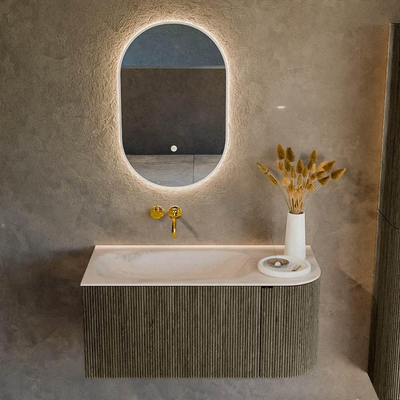 MONDIAZ KURVE-DLUX meuble de salle de bains 95cm arrondi droit couleur Shadow avec 1 tiroir et 1 porte. Vasque BIG SMALL gauche sans trou de robinet Meli.