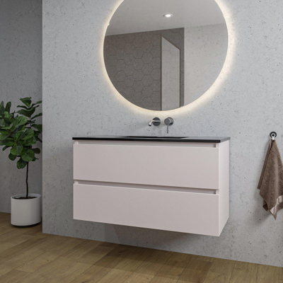 Saniclass Chaci Ensemble meuble de salle de bains - 100x46x55cm - lavabo céramique noir - 1 vasque - sans trous de robinet - 2 tiroirs - miroir rond avec éclairage - cotton mat (beige)