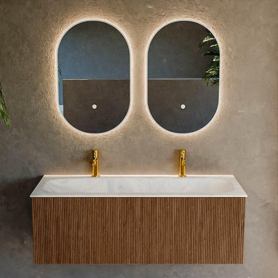 MONDIAZ KURVE-DLUX 120cm Meuble salle de bain - couleur Walnut - 1 tiroir - vasque BIG LARGE centre - 2 trous de robinet - couleur Opalo