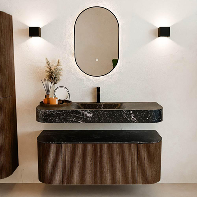 MONDIAZ THOR-DLUX 120cm badmeubel ronding links + rechts kleur Walnut met 1 lade en 2 deuren. Vrijhangende wastafel CLOUD Midden 1 kraangat kleur Lava.