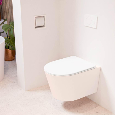 Mondiaz LAVIE hangtoilet – spoelrandloos – 36 x 53 cm – met softclose zitting – Rosee (roze), zitting Talc (wit)