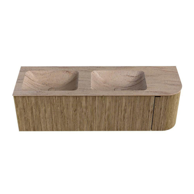 MONDIAZ KURVE-DLUX Meuble de salle de bains 145cm arrondi à droite couleur Dusk avec 1 tiroir et 1 porte. Lavabo LEAF Double / Gauche sans trou de robinet Saba.