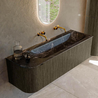 Mondiaz KURVE-DLUX Ensemble de meuble salle de bain - 145x46x40cm - 1 tiroir - 1 porte - lavabo en solid surface - droite - sans trou de robinet - Shadow