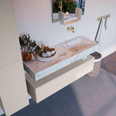 Mondiaz ALAN-DLUX Ensemble de meuble - 130cm - meuble Linen mat - 1 tiroir - Lavabo Cloud Frappe suspendu - vasque Droite - 0 trous de robinet