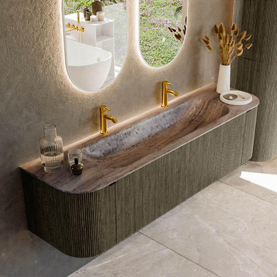 MONDIAZ KURVE-DLUX 170cm meuble de salle de bains arrondi Gauche + Droite couleur Shadow avec 1 tiroir et 2 portes. Lavabo BIG LARGE Central 2 trous de robinet Oza.