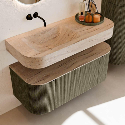 MONDIAZ THOR-DLUX 110cm meuble de salle de bains arrondi gauche + droite couleur Shadow avec 1 tiroir et 2 portes. Vasque suspendue CLOUD Gauche sans trou de robinet couleur Saba.