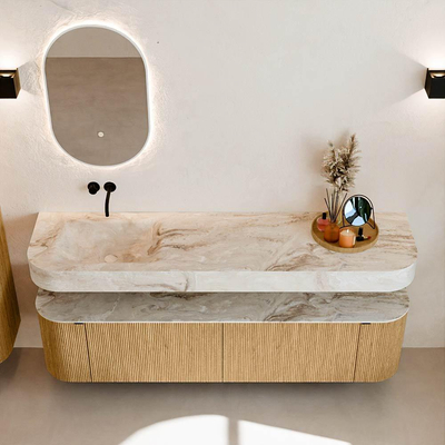 MONDIAZ THOR-DLUX 180cm badmeubel ronding links + rechts kleur Oak met 2 lades en 2 deuren. Vrijhangende wastafel CLOUD Links zonder kraangat kleur Frappe.
