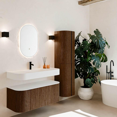 MONDIAZ THOR Meuble de salle de bains 110cm arrondi gauche + droite couleur Walnut avec 1 tiroir et 2 portes. Vasque suspendue CLOUD Milieu 1 trou de robinet couleur Talc.