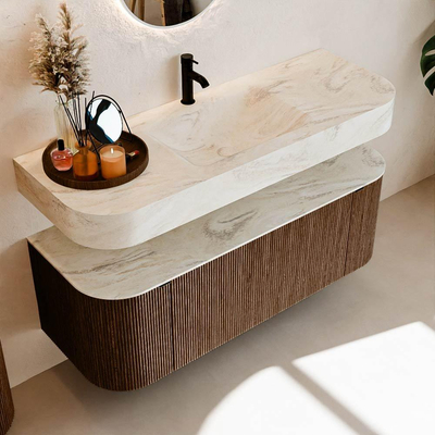 MONDIAZ THOR-DLUX 130cm badmeubel ronding links + rechts kleur Walnut met 1 lade en 2 deuren. Vrijhangende wastafel CLOUD Midden 1 kraangat kleur Ostra.