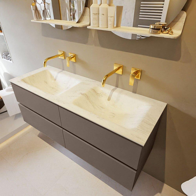 Mondiaz VICA-DLUX ensemble de meuble de salle de bain - 130cm - meuble sous-vasque fumée - 4 tiroirs - lavabo encastré nuage double - sans trous de robinet - version haute de 60cm - opalo