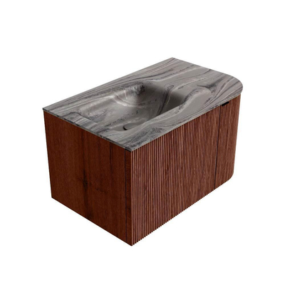 MONDIAZ KURVE-DLUX Meuble de salle de bains 75cm arrondi à droite couleur Ruby avec 1 tiroir et 1 porte. Lavabo GRUNNE à gauche sans trou de robinet Sombra.