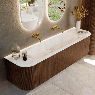 MONDIAZ KURVE-DLUX 170cm badmeubel met module 25 Len R kleur Walnut met 1 lade en 2 deuren. Wastafel BIG LARGE midden zonder kraangat kleur Frappe.