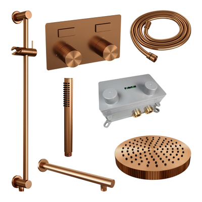 BRAUER Stripe Thermostatische Inbouw Regendouche - drukknoppen - 25cm douchekop - rechte muurarm - staaf handdouche - doucheslang - geïntegreerde glijstang - koper geborsteld PVD