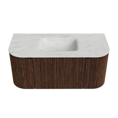 MONDIAZ KURVE-DLUX Meuble de salle de bains 100 cm avec module 25 Len R couleur Walnut avec 1 tiroir et 2 portes. Lavabo GRUNNE central sans trou de robinet couleur Opalo.