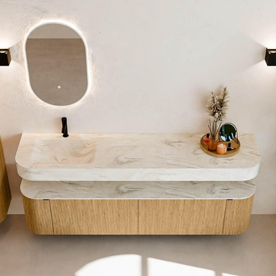 MONDIAZ THOR-DLUX Meuble de salle de bains - 190cm - arrondi gauche + droite - couleur Oak - 2 tiroirs et 2 portes - Vasque suspendue CLOUD Gauche 1 trou de robinet couleur Ostra