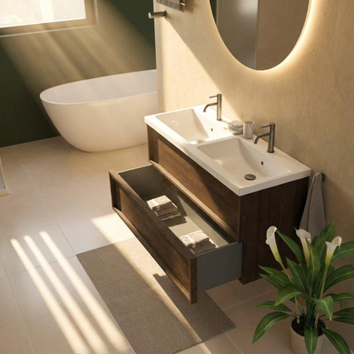 Saniclass Holz Frame Ensemble de meubles de salle de bains - 120x45x63.5cm - Bari lavabo en céramique blanc - 2 vasques - 2 trous de robinet - 2 tiroirs - chêne charcoal mat (bois)