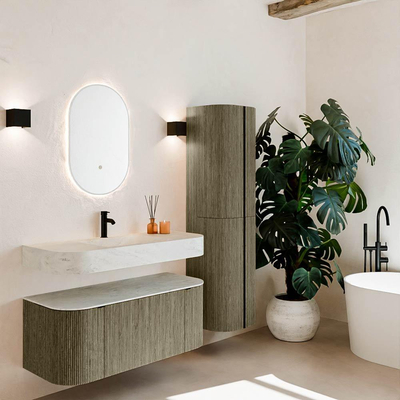 MONDIAZ THOR-DLUX Meuble de salle de bains 110cm arrondi gauche + droite couleur Shadow avec 1 tiroir et 2 portes. Vasque suspendue CLOUD Milieu 1 trou de robinet couleur Opalo.