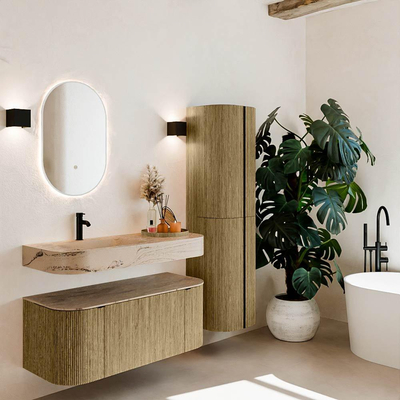 MONDIAZ THOR-DLUX 110cm meuble de salle de bains arrondi gauche + droite couleur Dusk avec 1 tiroir et 2 portes. Vasque suspendue CLOUD gauche 1 trou de robinet couleur Arena.