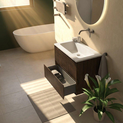 Saniclass Holz Atelier Ensemble de meuble de salle de bains - 80x45x77.5cm - lavabo Torino en solid surface blanc - sans trou de robinet - 2 tiroirs - chêne charcoal mat (bois)