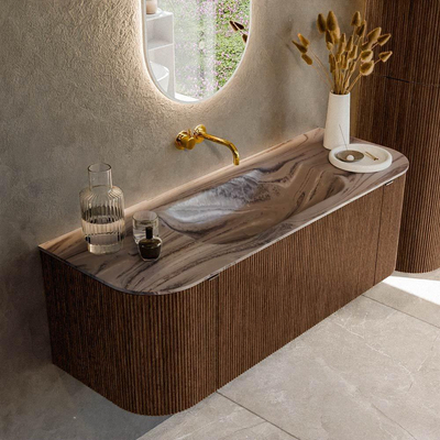 MONDIAZ KURVE-DLUX 130cm badmeubel ronding Links + Rechts kleur Walnut met 1 lade en 2 deuren. Wastafel BIG SMALL Midden zonder kraangat Sombra.