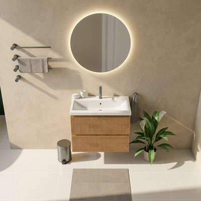 Saniclass Holz Atelier Ensemble meuble de salle de bains - 80x45x63.5cm - Lavabo Bari en céramique blanc - 1 vasque - 1 trou de robinetterie - 2 tiroirs - chêne natural mat (bois)