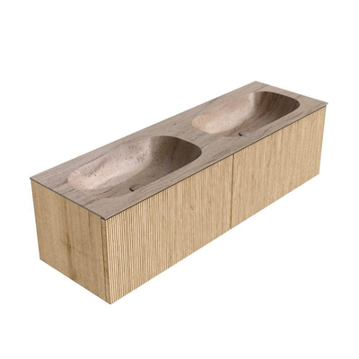 MONDIAZ KURVE-DLUX 150cm badmeubel kleur Oak met 2 lades en 0 deuren. Wastafel STOR SMALL Dubbel 2 kraangaten Saba.